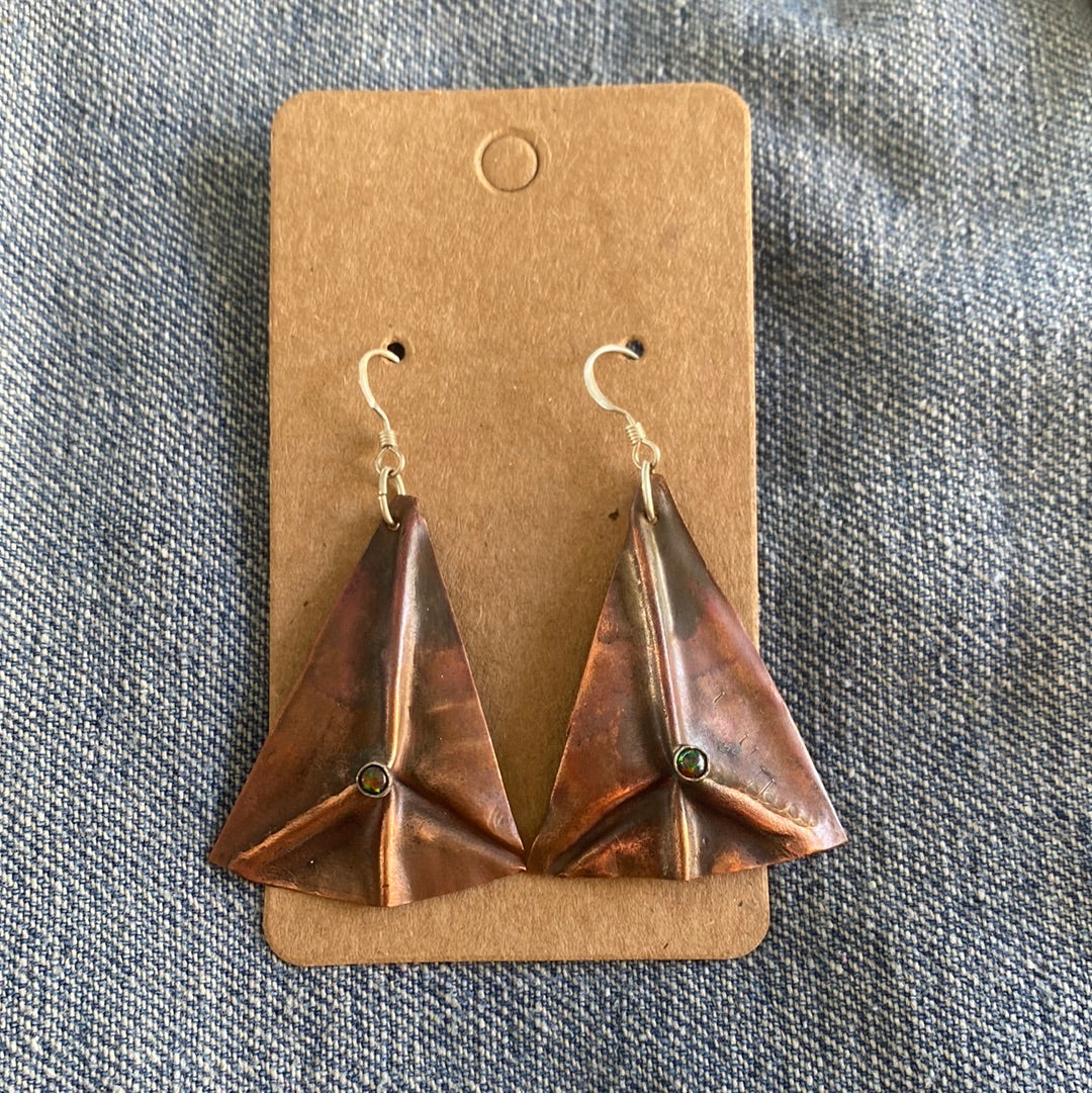 Forged fold form copper earrings with Black Opal