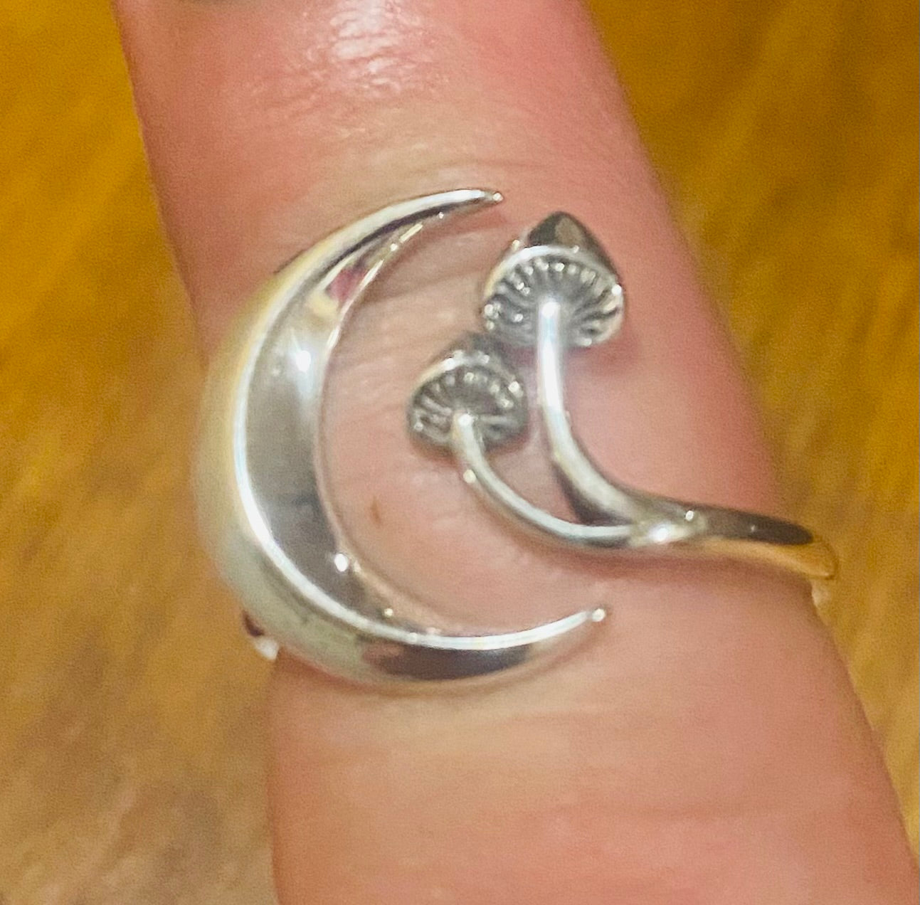Sterling Mushroom and Crescent Moon Adjustable Ring