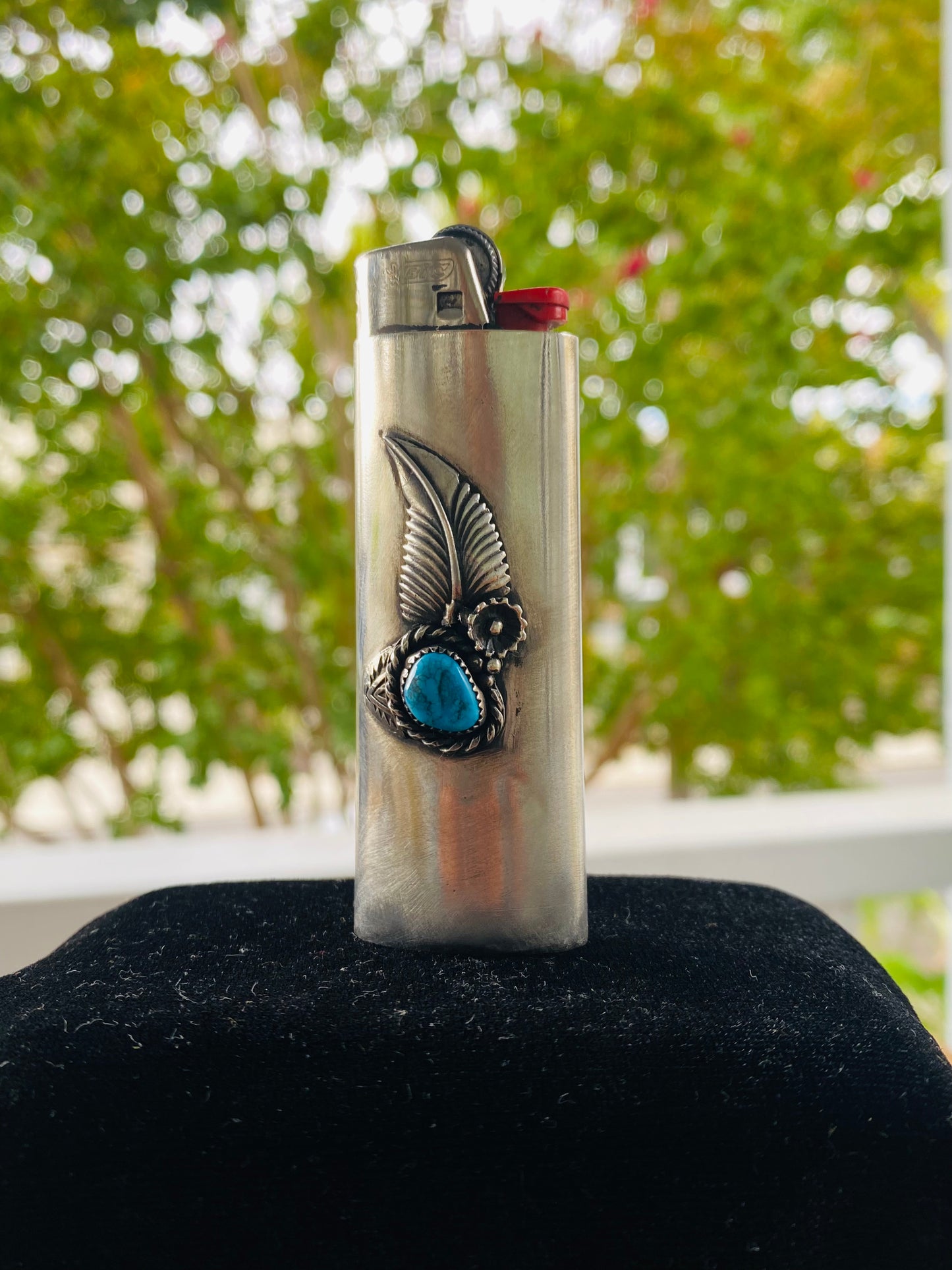 Handmade Metal Lighter Case for BIC j6 (Sterling Siver + Turquoise)
