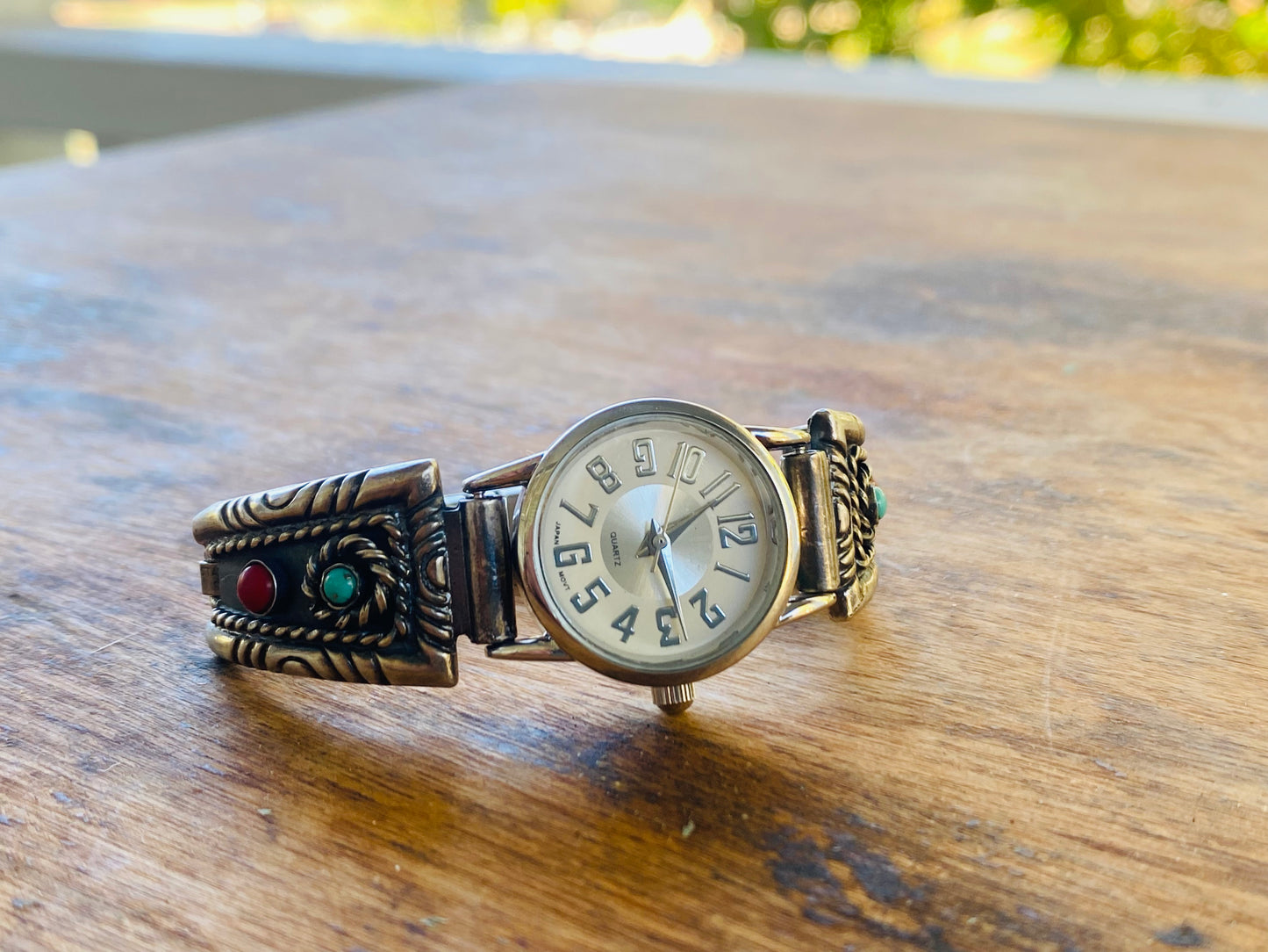 Ladies Sterling Watch Band with Sleeping Beauty Turquoise and Mediterranean Coral
