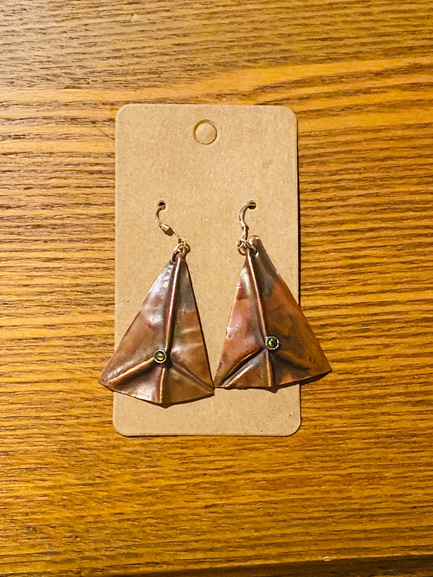 Forged fold form copper earrings with Black Opal