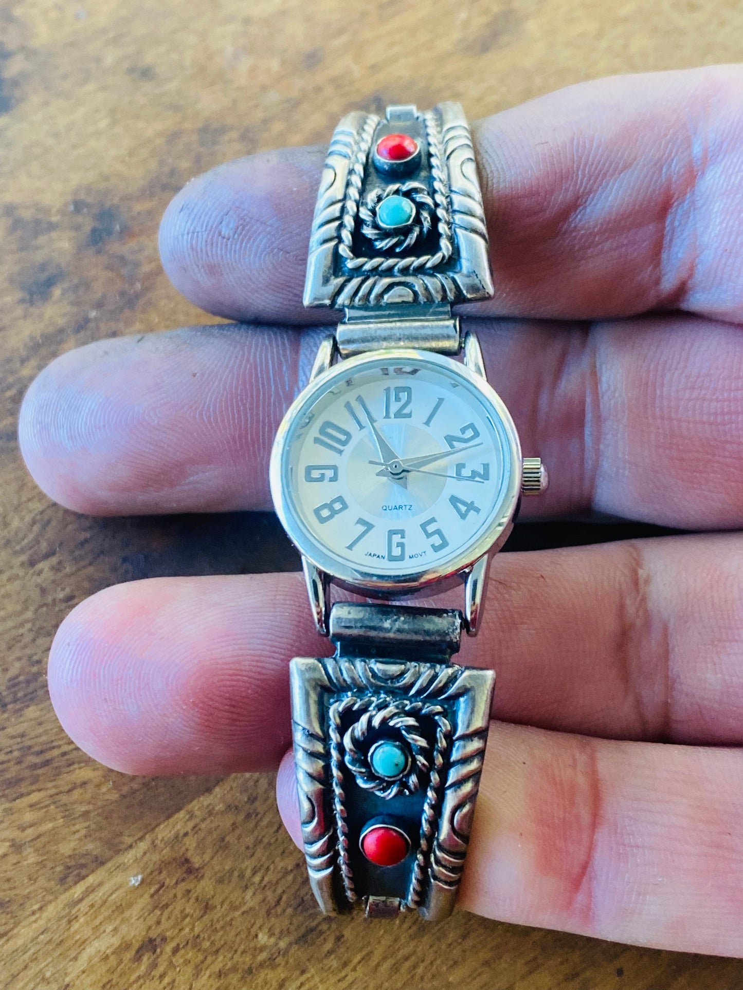 Ladies Sterling Watch Band with Sleeping Beauty Turquoise and Mediterranean Coral
