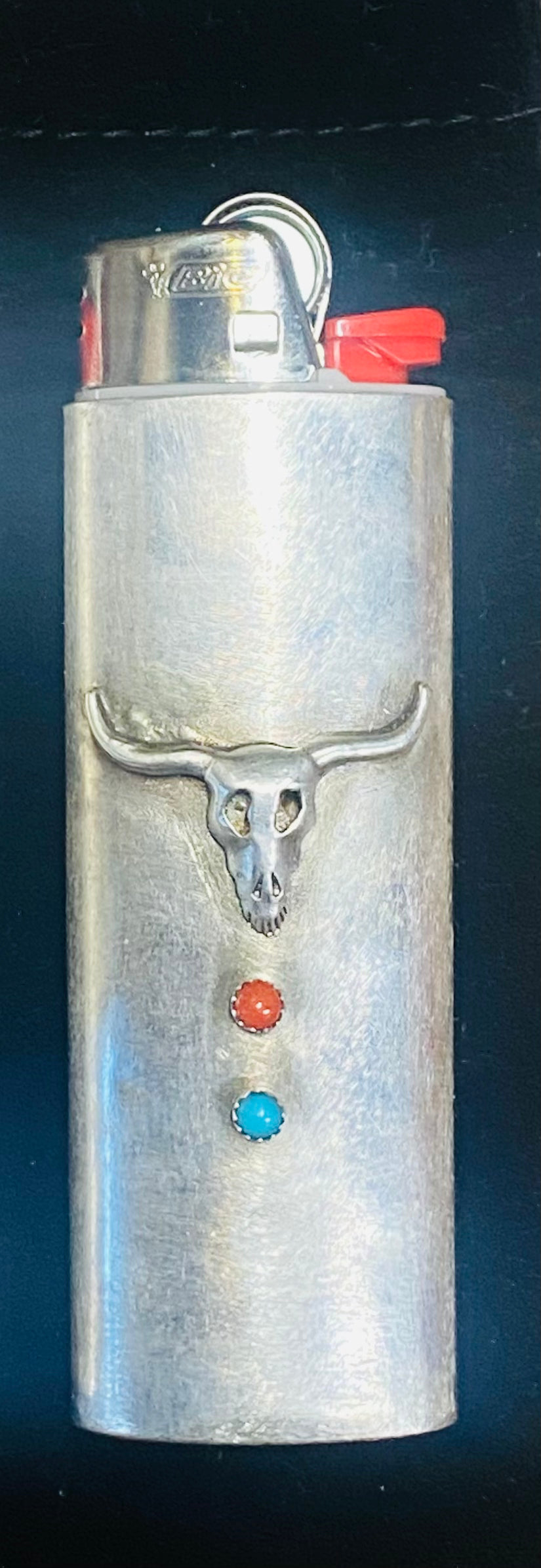 Handmade Metal Lighter Case for BIC j6 (Sterling Silver, Turquoise, Coral)